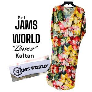 JAMS WORLD L IBISCO Tropical Hibiscus Beach Vibes Hawaii Kaftan Maxi Dress HTF